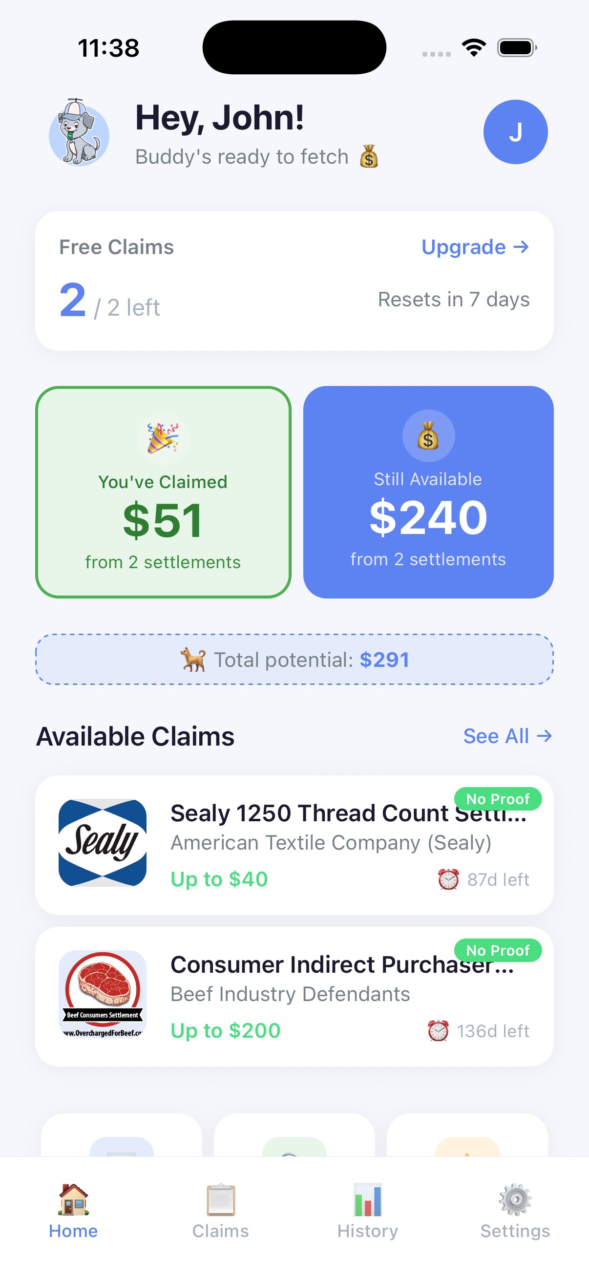 Dashboard showing available settlements